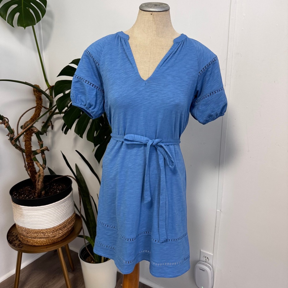 Boden Mini Dress 2R Blue Cotton Slub Crochet V-Neck‎ Tie Waist Short Puff Sleeve